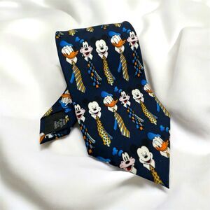 Disney Men's Neck Tie Navy Mickey Donald Goofy Walt Disney World 100% Silk